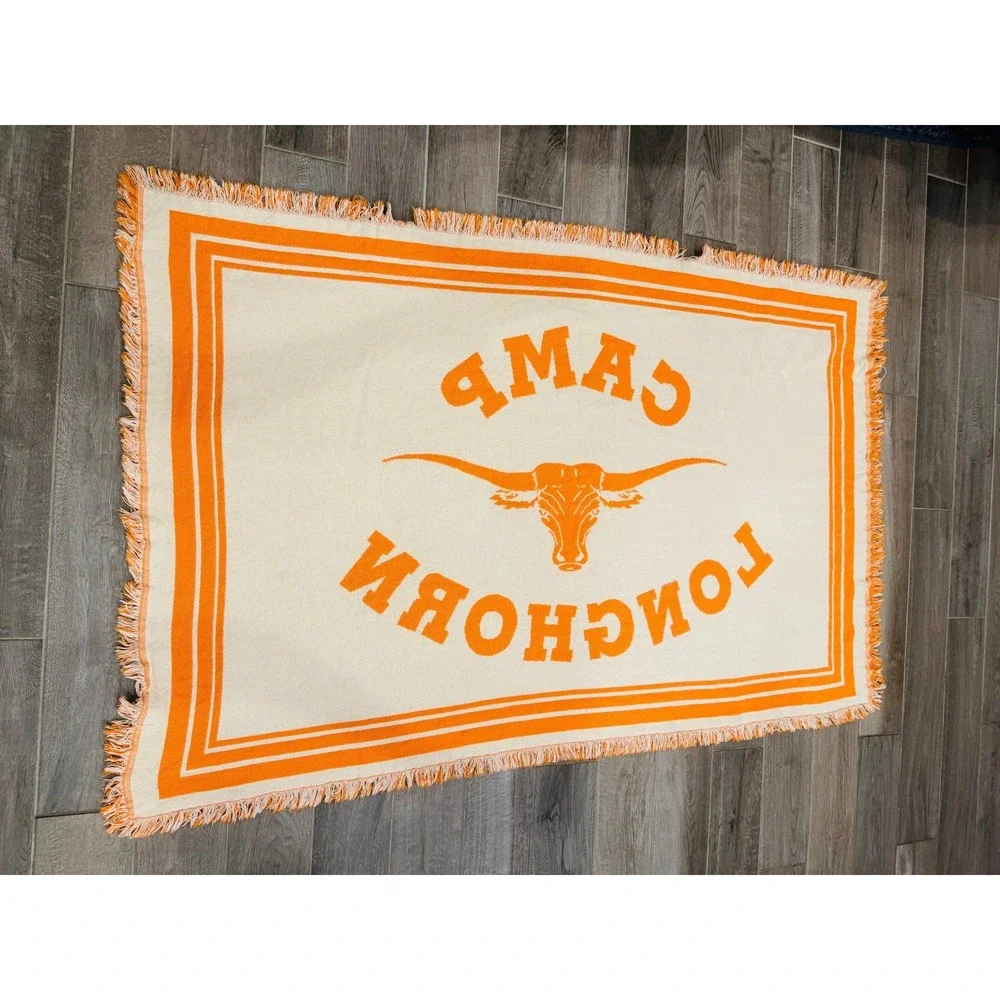 Camp‎ Longhorn Longhorn Logo Woven Fringe Blanket Throw Orange 46x70 Texas Retro